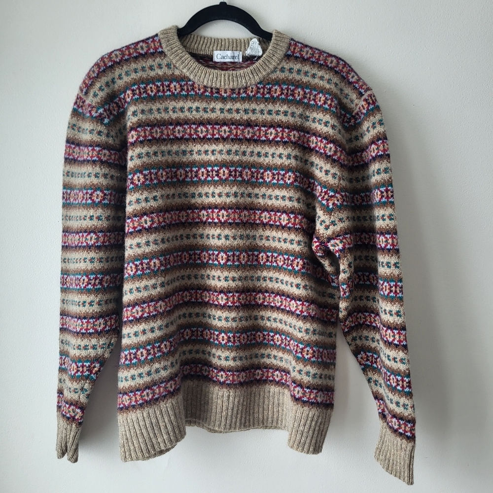 Cacharel Men's Brown, Red Patterned Crewneck Preppy Grandpa Knit Sweater